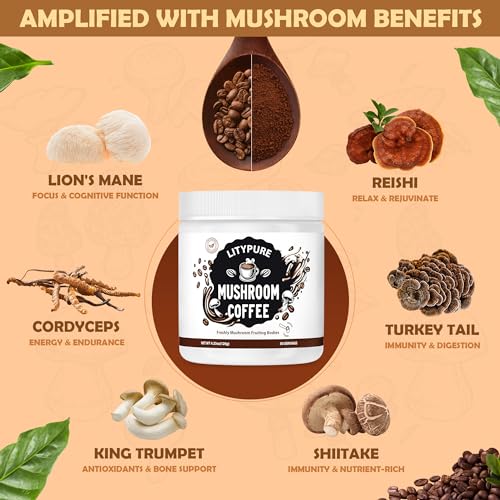 Litypure Mushroom Coffee — Organic Instant Arabica Coffee with Lion's Mane, Cordyceps, Reishi, Turkey Tail, KingTrumpet, Shiitake, for Improve Focus & Immune Support 4.23 oz - Image 3