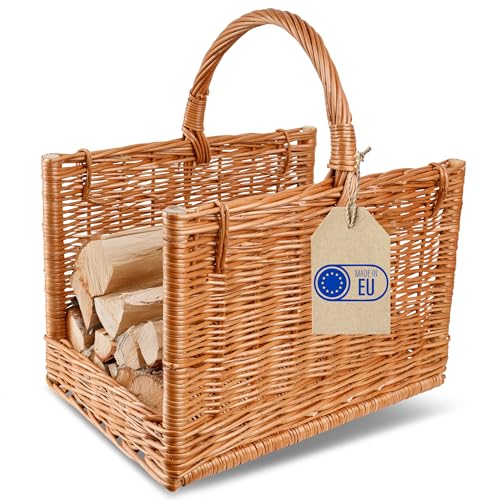 Creative Home Panier de Rangement Panier en Osier avec Poignée | Rectangulaire 45 x 30 x 47 cm | Brun Naturel | Tissé à la Main | Panier Bois Panier Cadeau de Cheminée | Polyvalent et Durable