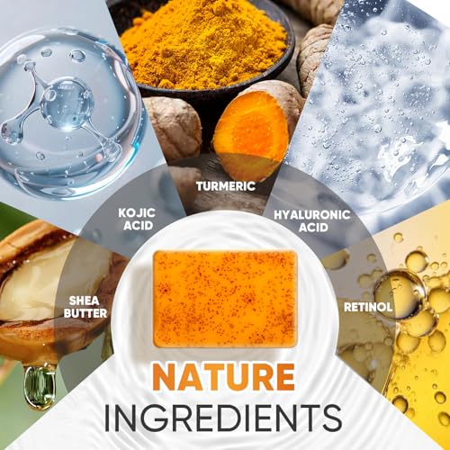 Image of 3P Turmeric Kojic Acid Soap Bars with African Exfoliating Net Sponge, Infused with Retinol, Vitamin E & Shea Butter - For Face & Body, SLS Free, Suitable for Oily & Dry Skin
