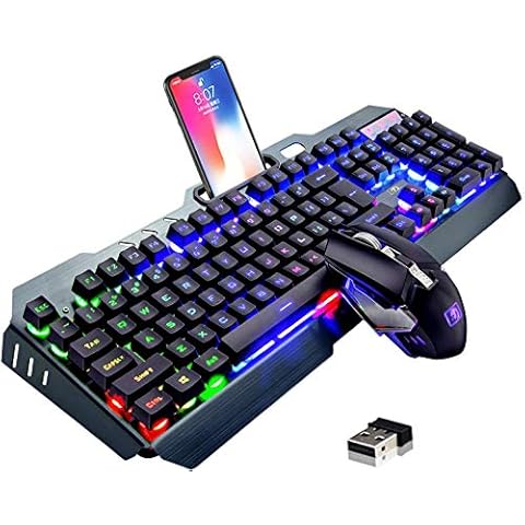 Wireless Gaming Keyboard and Mouse Set, 2.4G Rechargeable 3800mAh Large Capacity, Rainbow LED Backlit Mechanical Feel Gaming Keyboard with Smart Sleep+2400DPI 7 Colors Breathing Backlit Mouse -Black Cover