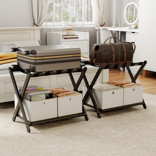 2 Pack Fully Assembled Black Luggage Racks with 4 Storage Boxes, Bamboo 26.77" Foldable Suitcase Stand for Guest Room with 5 Nylon Straps, Luggage Rack Holder with Shelf for Bedroom Hotel
