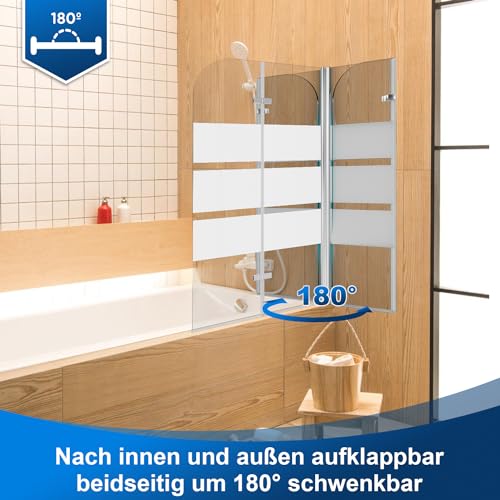 Jiubiaz Duschwand für Badewanne 100x140cm, 2-teilig faltbare Glas Duschwand, 6mm EGS Sicherheitsstreifen Badewanne Bildschirm, duschkabine Zubehör, weißer Streifen