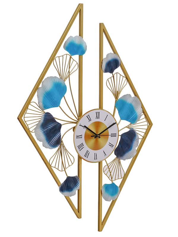 Image of CHRONIKLE Stylish Wall Art Floral Design Vertical Analog Metal Roman Numbers Wall Clock for Living Room Home Decor Office Gifts (Size: 68 x 1 x 97 CM | Weight: 2230 Gram | Color: Golden & Blue)