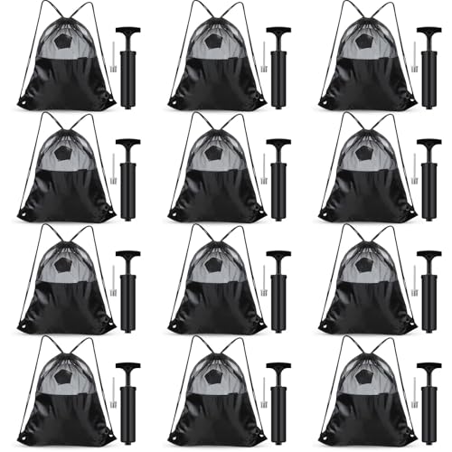 Foilswirl 24 Pcs 12 Ball Pumps with Needles 12 Individual Mesh Soccer Bags, Air Hand Pump for Soccer Basketball, Mesh Drawstring Bags, Balls Not Included (Black)