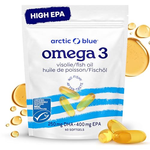 Arctic Blue Oméga-3 Huile de Poisson 60 Capsules — 1200mg Huile de Colin d’Alaska par Capsule (400mg d’EPA + 250mg de DHA) — Certifiée MSC, Forme Triglycéride, Fraîcheur Maximale, Sans Goût de Poisson