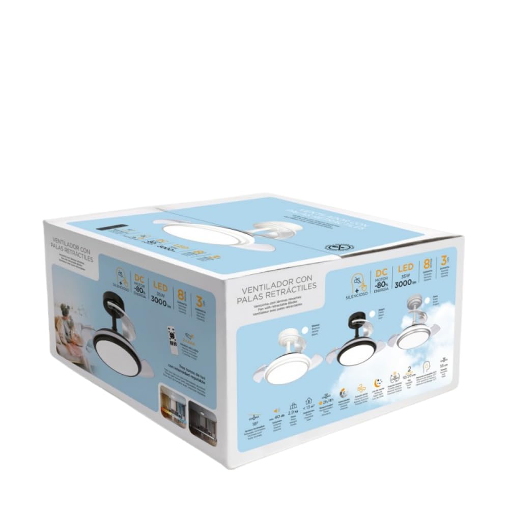 Bilake Lampara Ventilador de Techo pequeño antila Mini Blanco | Ventilador de Techo luz Regulable 35W 3000Lm aspa retráctil Motor DC