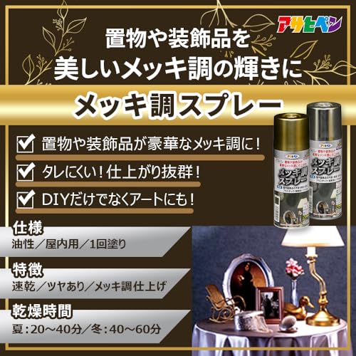 アサヒペン 塗料 ペンキ メッキ調スプレー 300ml ゴールド メッキ調仕上げ スプレー ツヤあり 1回塗り だ円吹き パターン変更ノズル ガス抜きキャップ付き 日本製 3枚目