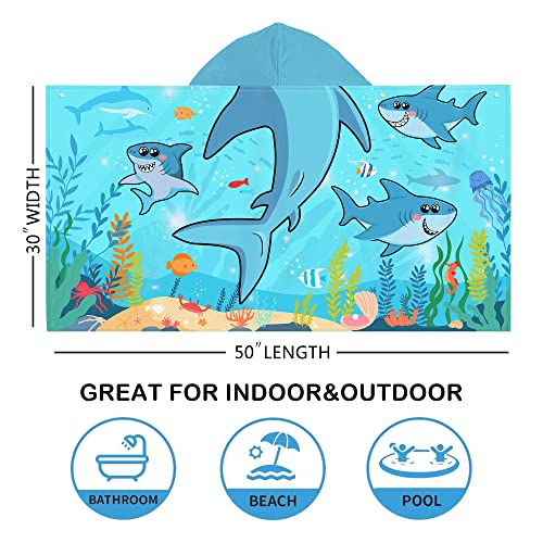 Bonsai Tree Shark Hooded Beach Towel For Kids, Cool Ocean Fishes Bath Towel With Hood For Boys, Funny Sea Animals Microfiber Super Absorbent Soft Poncho Bathrobe For Swin Pool 30”X50” #TOP4