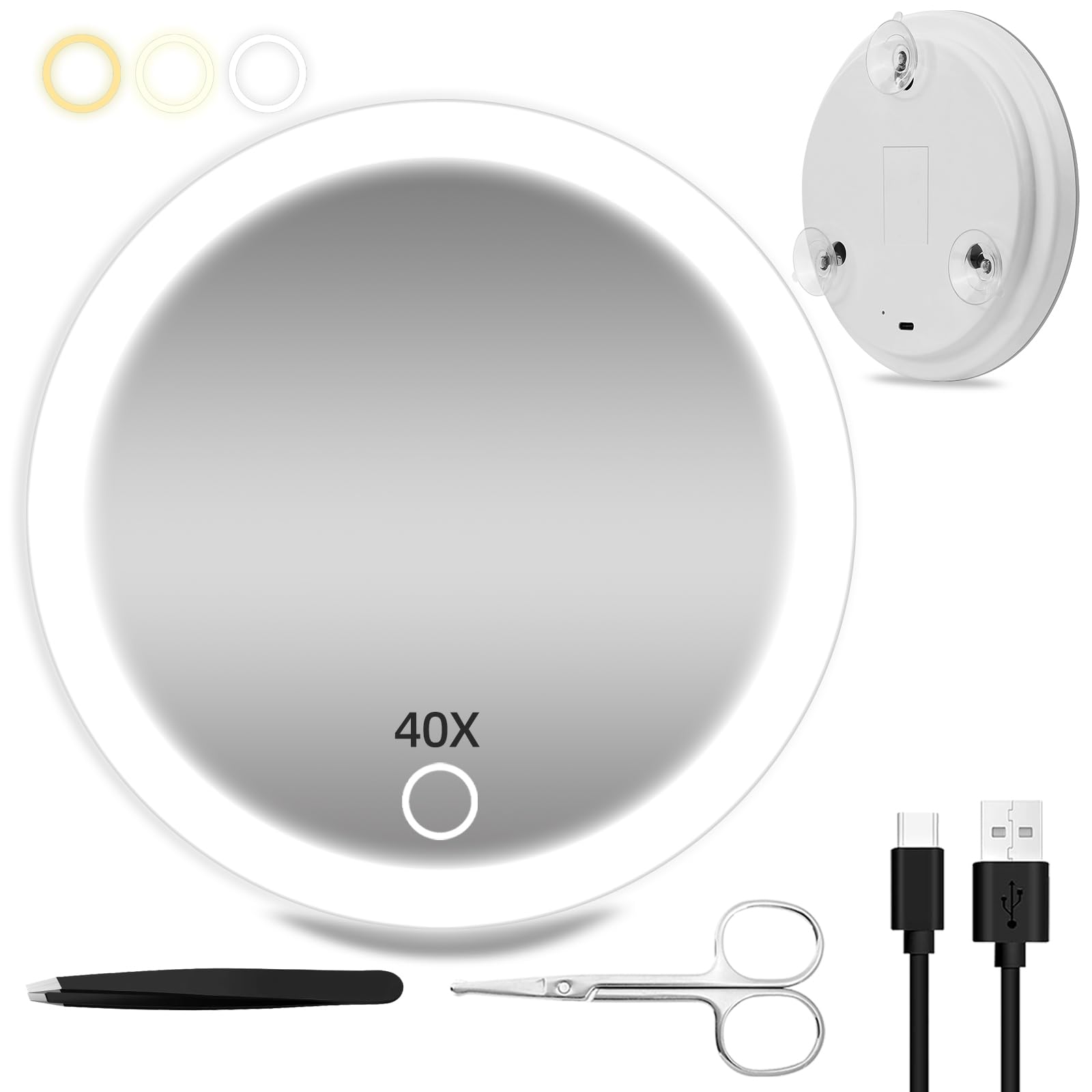 Miroir grossissant x 40 avec lumière, format compact de voyage de 15,2 cm, 3 lumières de couleur réglables, miroir de maquillage rechargeable 40x avec 3 ventouses – Comprend une pince à épiler