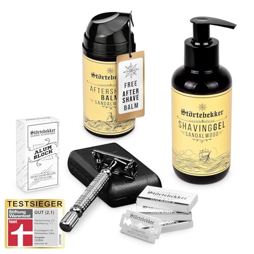 Störtebekker® Premium Rise 'N Shine Shaving Set - Rasierset für Herren - mit Rasierhobel (Schwarz) inkl. Etui (Schwarz) & 10 Klingen, Rasiergel, After Shave Balm & Alaunstein - Rasier Set Männer