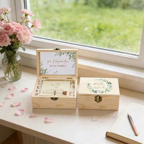 Konfirmation Geschenke, Geldgeschenke Verpackung Jungen Mädchen, Holzbox mit Eukalyptusblätter Grußkarte Holz Geldgeschenke für Konfirmation
