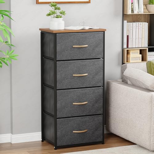 Image of Lukzer Fabric Chest of 4 Drawers Closet Drawer Organizer for Wardrobe | Fabric Drawer Storage for Closet Living Room /Bedroom Metal Storage Bookshelf Organizer (MMR-002 /Black & Oak Brown) - 45x30x93cm