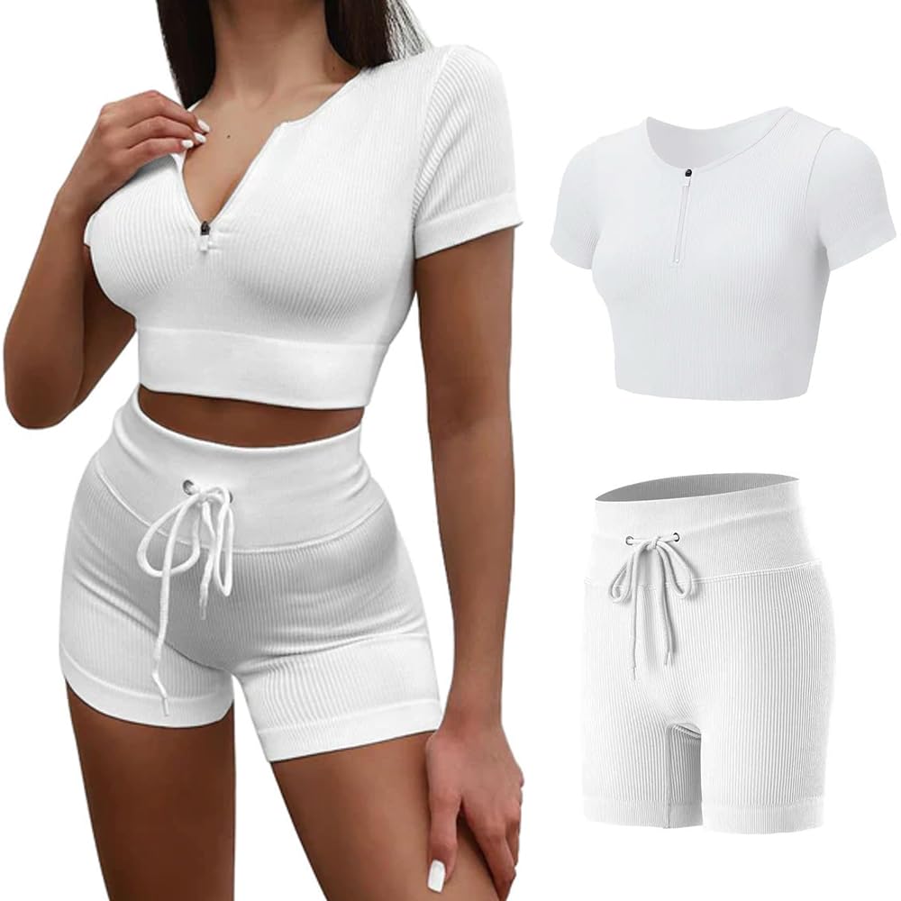 Womens Seamless Workout Set 2 Piece Ribbed Zip-Up Crop Top High Waisted Biker Shorts Tummy Control Activewear