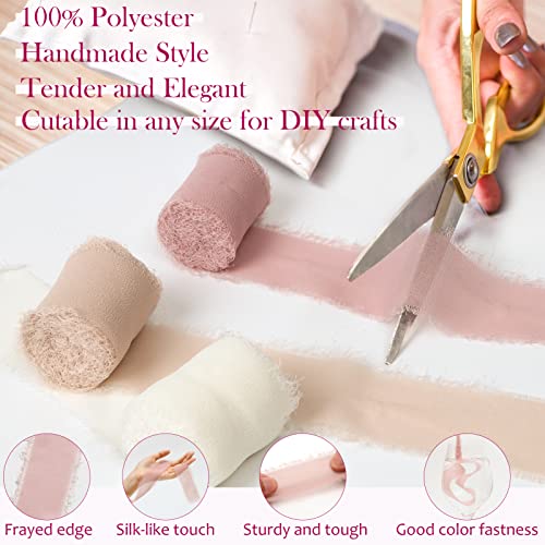 Chiffon Ribbon 24 Yards, 6 Rolls 1.5 Inch X 4Yd Fringe Silk Like Ribbon, Handmade Blush Pink Nude Ivory Fabric Ribbon Set For Flowers Bouquets Wedding Decorations Invitations Gift Wrapping Diy Crafts #TOP2