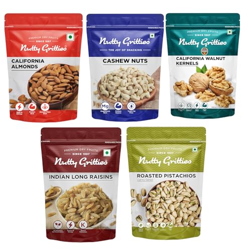 Image of Nutty Gritties Platinum Hamper Diwali Gift Box 1KG | Festive Assortment with Almonds, Cashews, Raisins, Pistachios & Walnuts (200g Each) | Healthy Gourmet Snack Hamper | Premium Gift for Family, Friends & Corporate Celebrations