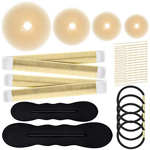 28 Pcs Donut Hair Bun Maker Set Include 4 Pcs Hair Donut Chignon Bun Shapers,2 Pcs Foam Sponge Bun Makers,2 Pcs French Twist Snap Roll,15 Pcs Hair Bobby Pins and 5 Pcs Hair Elastic Ties for Women
