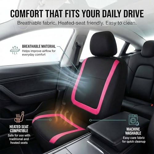 Image of FH Group Car Seat Covers Full Set Cloth - Universal Fit Washable Automotive Seat Covers, Low Back Front Seat Covers, Solid Back Seat Cover for SUV, Sedan and Van Pink