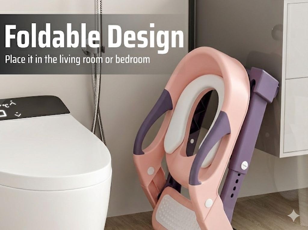 3-in-1 Toddler Potty Training Toilet Seat with Foldable Ladder – Adjustable Toddler Toilet Seat for Boys & Girls with Soft Cushion, Ergonomic Backrest, Non-Slip Pedal and Safety Grips (Pink & Purple)