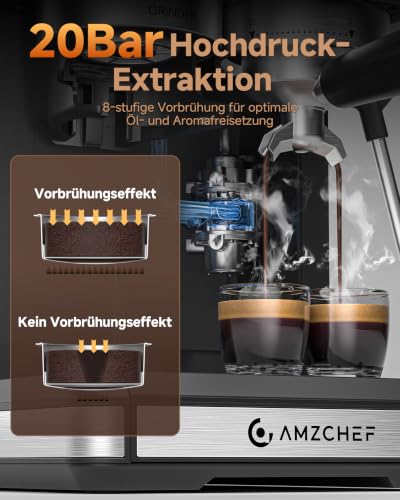 AMZCHEF Siebträgermaschine mit Mahlwerk, 20 Bar, Cold Brew – Ansicht 3