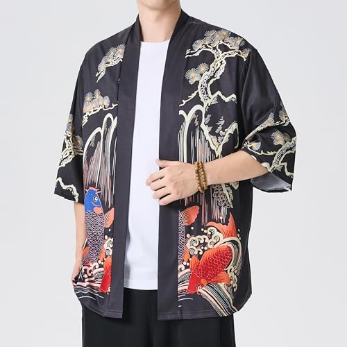 Image of Men's Japanese Kimono Robe Jacket Lightweight 3 /4 Sleeve Open Front Yukata | Silky Smooth Fashion Print Happi Coat Lightweight Breathable Loose Unisex Haori Casual Summer Cardigan Daily Beach Vacation