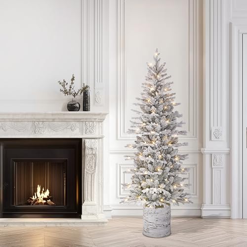 Puleo International 6ft Pre-Lit Potted Flocked Arctic Fir Pencil Christmas Tree with 120 Warm White Lights, 1325 Realistic Dense Snow Flocked Branch Tips, Easy Setup Artificial Trees with Sturdy Stand - Image 3