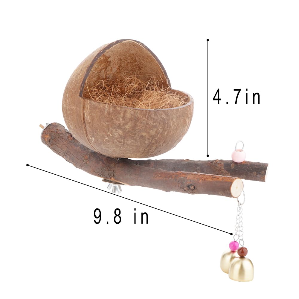 VTurboWay Nid d'oiseau en coquille de noix de coco naturelle avec tapis de noix de coco - Maison d'élevage avec perchoir clochette - Maison pour petits oiseaux, perroquets, calopsittes, conures,