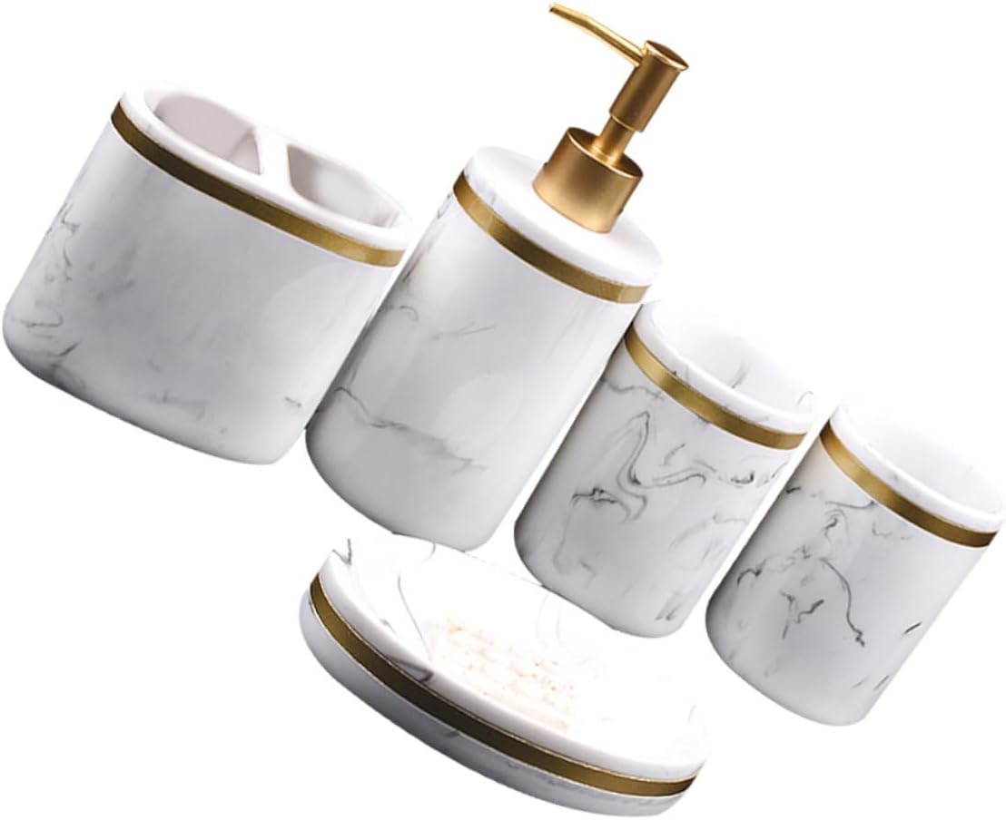 5pcs Elegant Marble Wash Set Bathroom Set Brushing Cups Toothbrush Holder Soap Dish Hand Bottle Marble