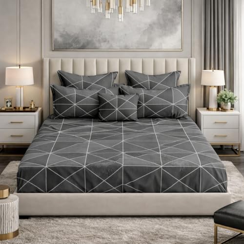 Image of Cotton Feel Glace Double Bed Fitted Bedsheet All Around Elastic King Size with 2 Pillow Covers (72 inch x 78 inch inches, Mystic Grey)
