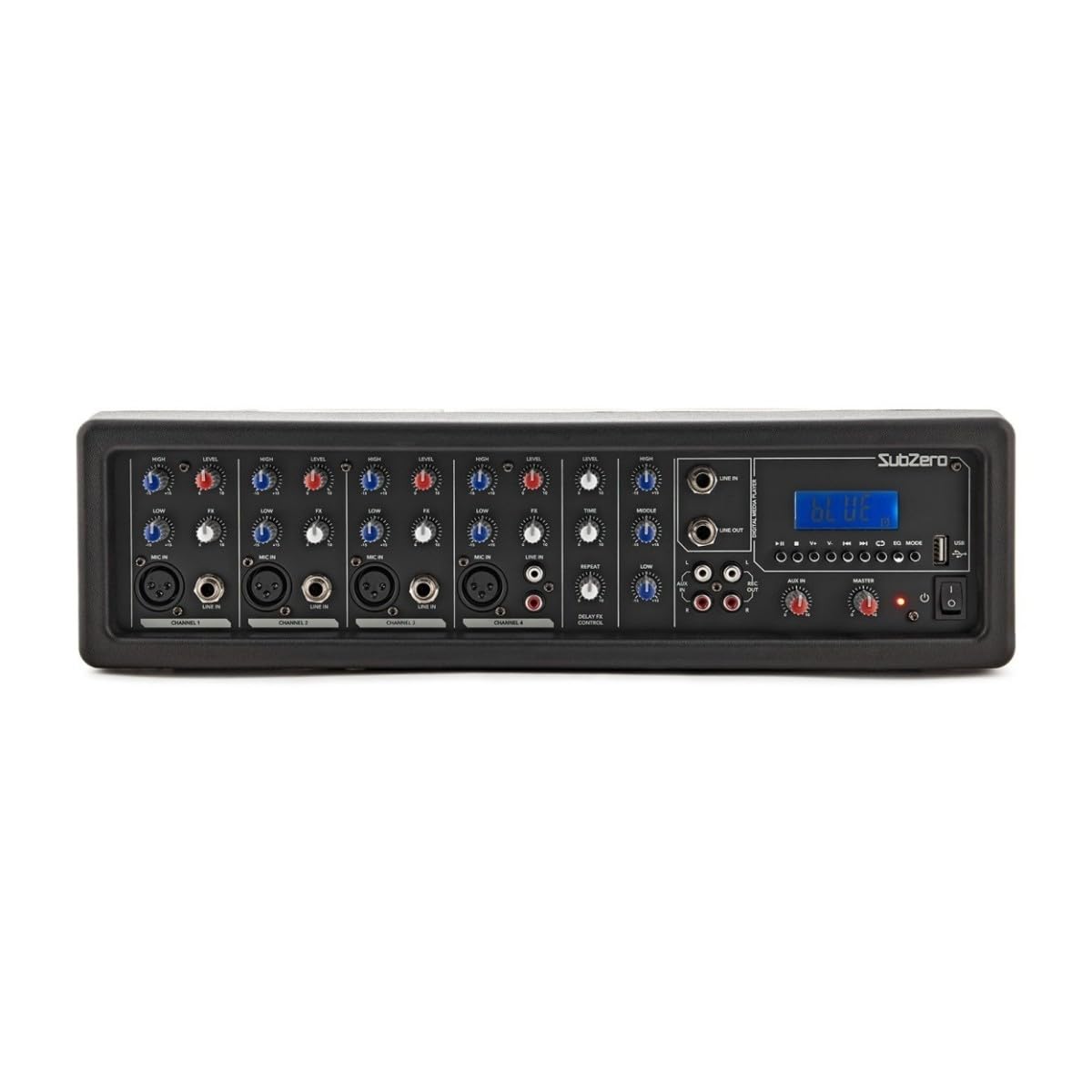 Ampli mélangeur de sonorisation 4 canaux SubZero avec lecteur multimédia Bluetooth | 175W en crête, delay FX et égaliseur 2 bandes par canal, lecture USB/SD/Bluetooth, entrée/sortie ligne RCA