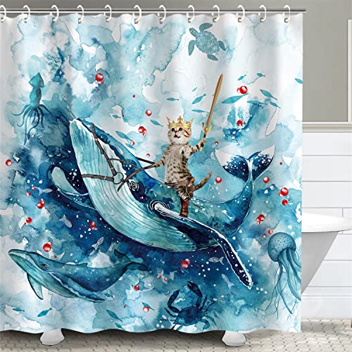 RosieLily Katzen-Duschvorhang, lustiger Duschvorhang, Kinder-Duschvorhang, Ozean-Duschvorhänge-Set mit 12 Haken, blaues Badezimmer-Dekor, 182,9 x 182,9 cm Cover