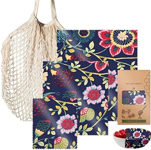 Reusable Beeswax Food Wraps Set of 3 with Produce Bag – Eco Friendly Organic Cotton | Plastic Wrap Alternative – 3 Sizes (S,M,L), Floral