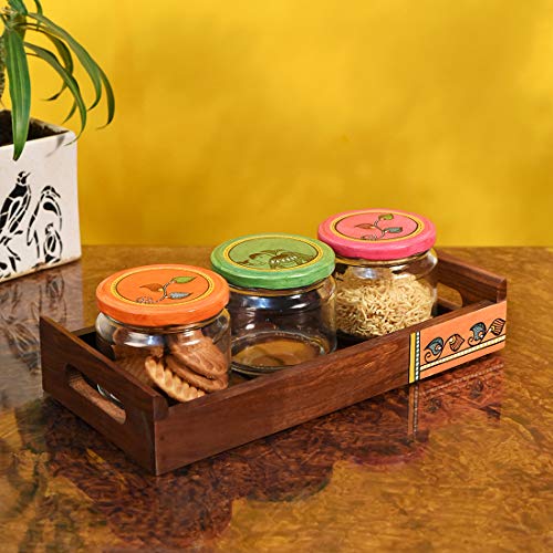 Image of AAKRITI ART CREATIONS Tray in Wood with 3 Glass Jars | Madhubani Art Lids | Set of 4 | Natural Brown, Matte Finish | Kitchen & Dining Table Decorative Storage | Glass Container for snacks