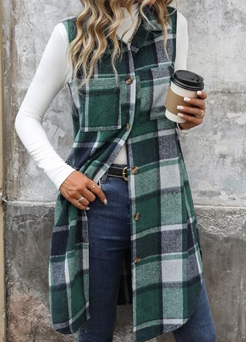 ZILIN Long Flannel Plaid Vest for Women Button Down Sleeveless Shacket Shirt Jacket with Pockets4