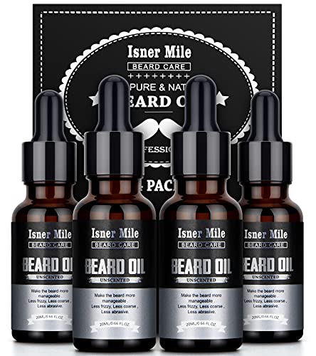 ISNER MILE Beard Oil 4 Pack, Natural Unscented Beard Conditioner for Mustache Soften, Moisturize, Strengthen and Growth, Beard Care with Argan & Jojoba Oils, Stocking Stuffers Gifts for Him Dad Men