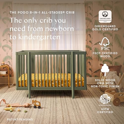 Image of Babyletto Pogo Convertible All-Stages Bassinet, Midi, Full-Size Crib in Olive Green, GREENGUARD Gold Certified, Portable & Adjustable with Conversion Kits and Pads Included