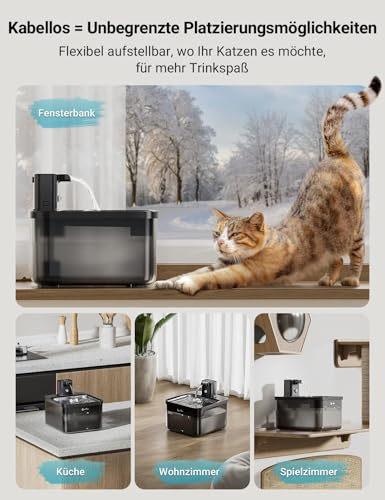 DownyPaws 2.5L Trinkbrunnen für Katze Kabellos, Katzenbrunnen Kabellos mit Bewegungsmelder, Batteriebetrieben Katzentrinkbrunnen, 4000mAh, Leise Wasserpumpe, Tablett aus Edelstahl für Katze, Schwarz