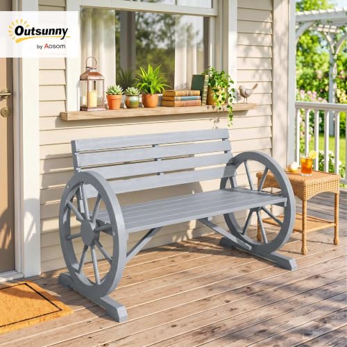 Image of Outsunny 41 inch Wooden Outdoor Bench Rustic Wagon Wheel Light Gray