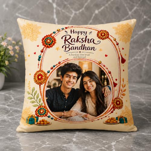 Image of Personalized Photo Pillow 12x12 Inch Cushion with Cover & Filler - Custom Gift for Birthday, Anniversary, Couple, Girlfriend, Boyfriend, Husband, Wife, Friends. (RakhiPilow-02)
