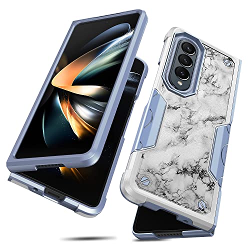 Rosebono Compatible with Samsung Galaxy Z Ford 4 Case, Hybrid Dual Layer Graphic Design Pattern Heavy Duty Protection Case for Samsung Galaxy Z Ford 4 (White Marble)