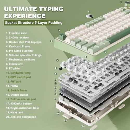 Image of YUNZII B75 PRO Wireless Mechanical Keyboard,75% Layout with Knob,Hot Swap Gasket Structure,Creamy Pre-lubed Switches,RGB Backlit,Bluetooth /Type-C /2.4G for Win /Mac (Matcha Green, Milk Switch)