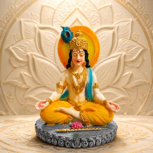 Image of Meditating Lord Krishna Idol for Home Decor & Pooja | Marble Dust Krishna Murti with Flute | Matte Finish Multicolor Spiritual Statue (5 Inch)