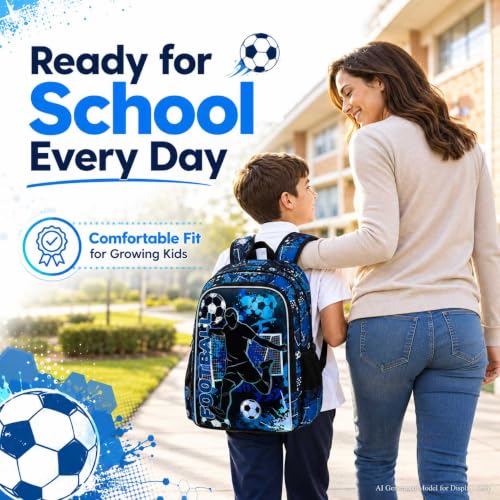 Image of AGSDON 3PCS Kids Backpack for Boys, 17 inch Football Backpacks with Lunch Box, Water Resistant and Lightweight Bookbag for Teenagers