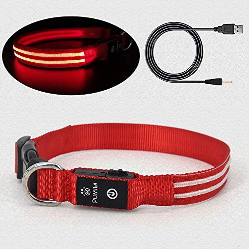 Pumila LED Dog Collar Light Rechargeable Safety Dogs Collar Flashing for Night Dark Increased Visibility, 100% Waterproof Adjustable Super Bright Flashing Collar for Small Large Dog - Red - S