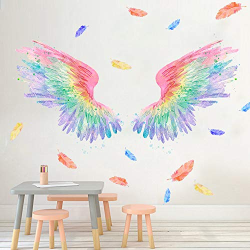 Rainbow Feather Wings Wall Decal Watercolor Angel Wings Wall Decor Stickers For Kids Bedroom Baby Room #TOP20