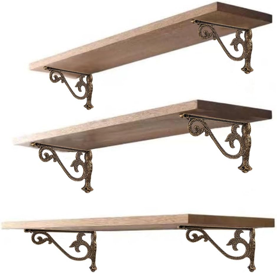 khtumeware 4 Pack Heavy Duty Hammered Antique Brass Shelf Brackets 10 Inch Wall Mounted Shelf Brackets Decorative Metal Wall Floating Rack Shelving Brackets