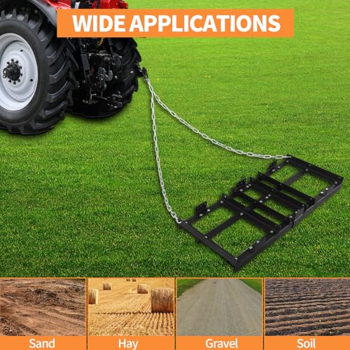 Remolque resistente detrás de la niveladora de entrada, rastrillo de césped de 4 pies, rastrillo eléctrico de paisaje con cadena de 16 pies para ATV, UTV, tractor, cortacésped, nivelación de grava