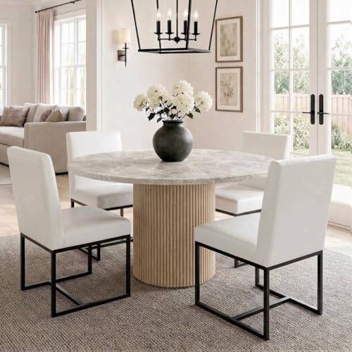 Image of HNY Modern Dining Chairs Set of 4, Upholstered Leather Dining Room Chairs with Ergonomic Back & Metal Frame for Home, Kitchen, Apartment, White