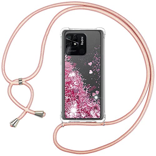 ISOI Funda con Cuerda para Xiaomi Redmi 10C, Carcasa Brillante Glitter Transparente TPU Silicona Protección Case con Ajustable Colgante Correa de Cuello Cadena Cordón, Oro Rosa Cover