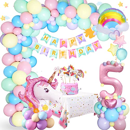 5 Jahre Geburtstagsdeko Mädchen Einhorn Deko Kinder, 5.Geburtstag Deko Geburtstagsdeko Einhorn mit 70inch 3D Einhorn Ballon, Happy Birthday Einhorn Girlanden für Mädchen Tochter Einhorn Party Deko Cover