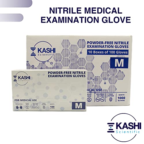 Kashi Scientific Medical Examination Nitrile Gloves - Medium - Powder-Free, Latex-Free, Finger Tip Textured Gloves, 4 mil Thick Blue Glove, Patient Safe, Food Safe - Box of 100 Nitrile Exam Gloves